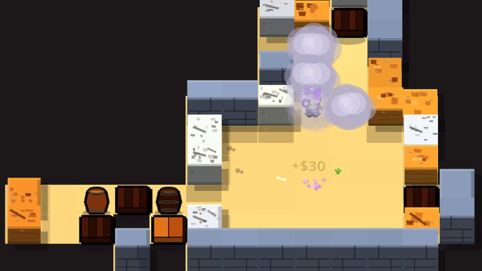 Gameplay: a Mystic miner blinking, leaving a purple puff behind