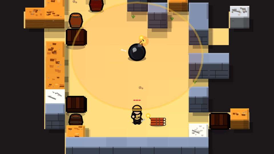Gameplay: a lit bomb with a wide orange blast radius